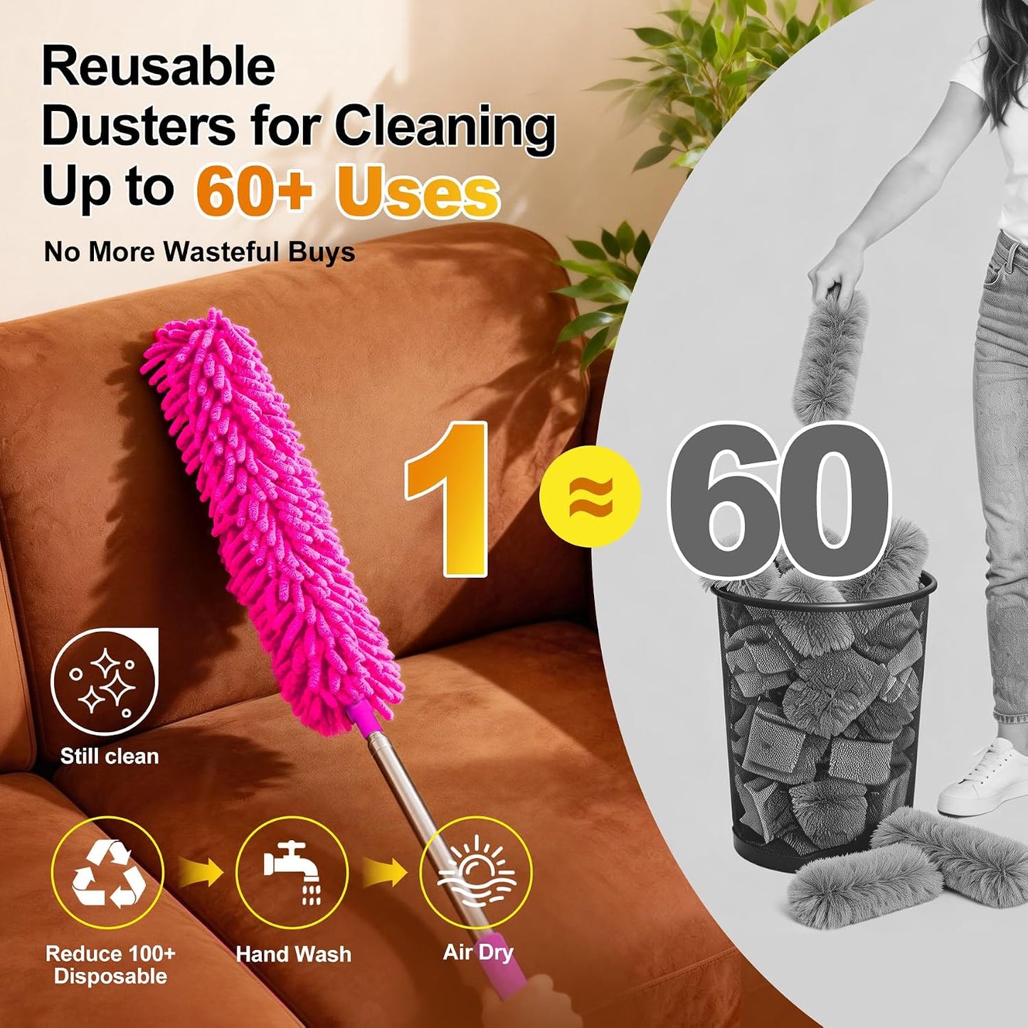 Tiumso Microfiber Feather Duster 5-in-1 Kit, Dusters for Cleaning, Duster with Extension Pole 100 Inches, Cobweb Duster, Microfiber Dusters for High Ceilings and Fans, Blinds, Cars and Furniture
