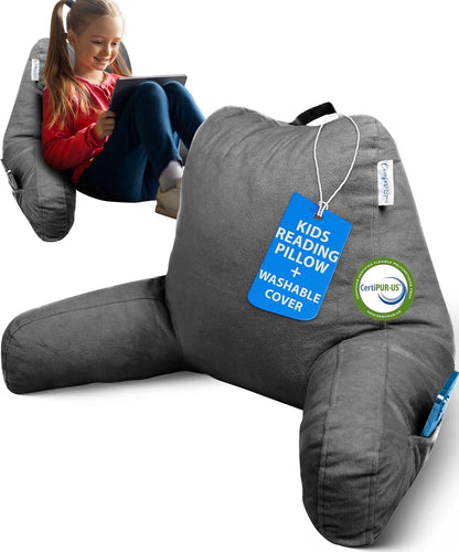 Reading Pillow for Bed with Arms Pockets for Adults, Large Grey | Bed Pillow for Sitting Up for Nursing, Breast Feeding, Bedrest or Relief from GERD or Heartburn; Removable, Washable Cover
