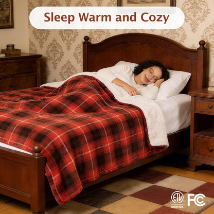 Heated Electric Blanket, Red Christmas Sherpa Plaid Throw Blanket