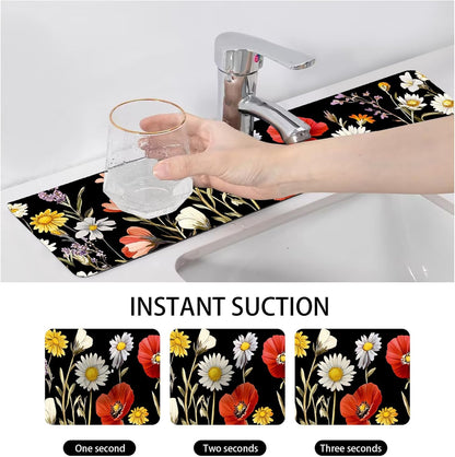 Bimkole 2 PCS Faucet Absorbent Mat, Kitchen Faucet Sink Splash Guard Wraparound Cloth Pads Drip Catcher for Sink Faucet for Kitchen Bathroom Faucet, Colorful Faucet Mat, 15 x 4 Inch Flower A6