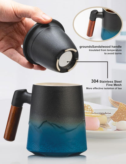 suyika Tea Cup with Infuser and Lid, 15.2 Ounce Wood Handle Ceramic Loose Leaf Mug Gradient Black&Green 450ml