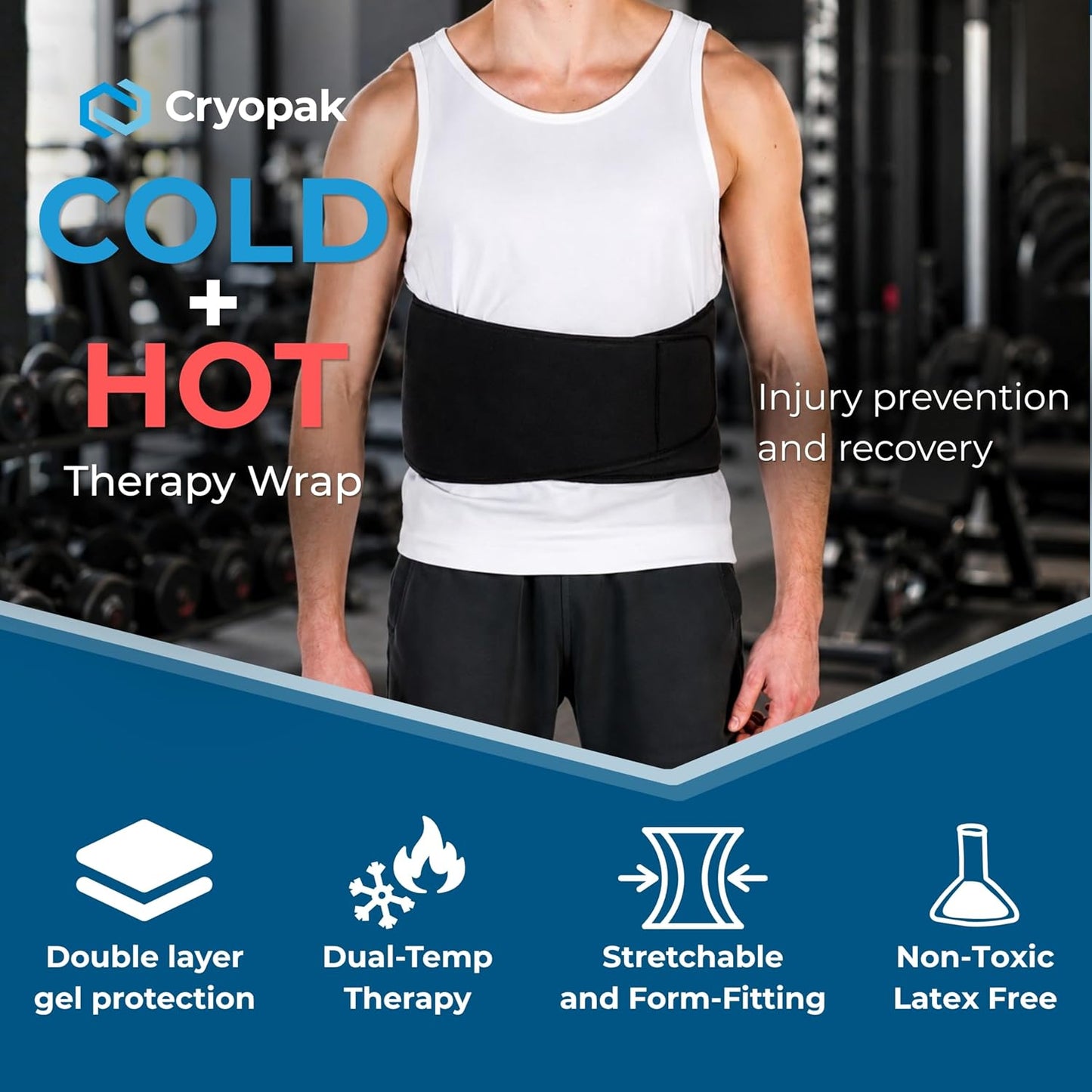 Cold and Hot Therapy Wrap, Black, Latex-Free, Non-Toxic, for Back, Abdomen, Hip, Sports Injury Prevention, Recovery (Back/Abdomen). kit Includes Flexible Gel Compress, Sleeve and Strap.