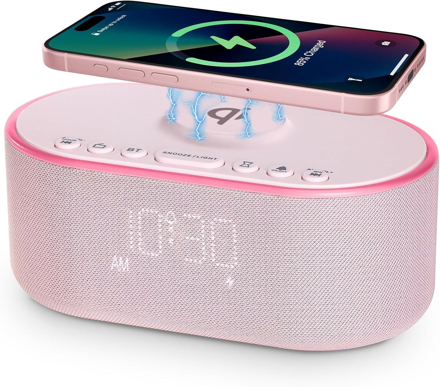 Odokee Qi Certified Wireless Charging Alarm Clock Radio for Bedroom | Fast Wireless Charger for iPhone Samsung - 10W Stereo Bluetooth Speaker - Dimmable Digital Clock with FM Radio - Black