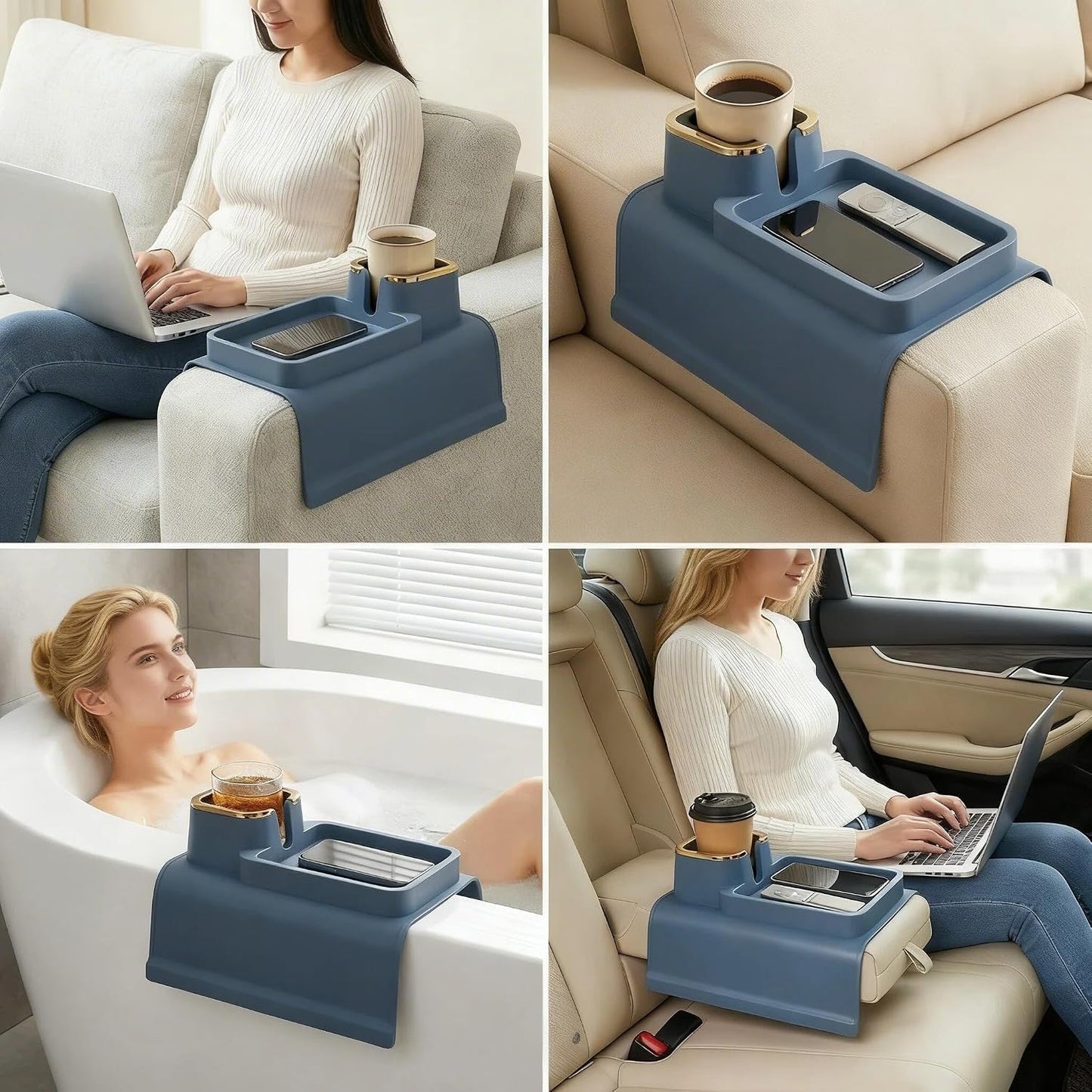 Luxury Gold Trim Couch Cup Holder Tray - Weighted Anti-Spill Navy Blue Silicone Sofa Armrest Organizer, Non-Slip Recliner Tray Table for Drinks, Remote, Phone - Fits Most Couch Arms