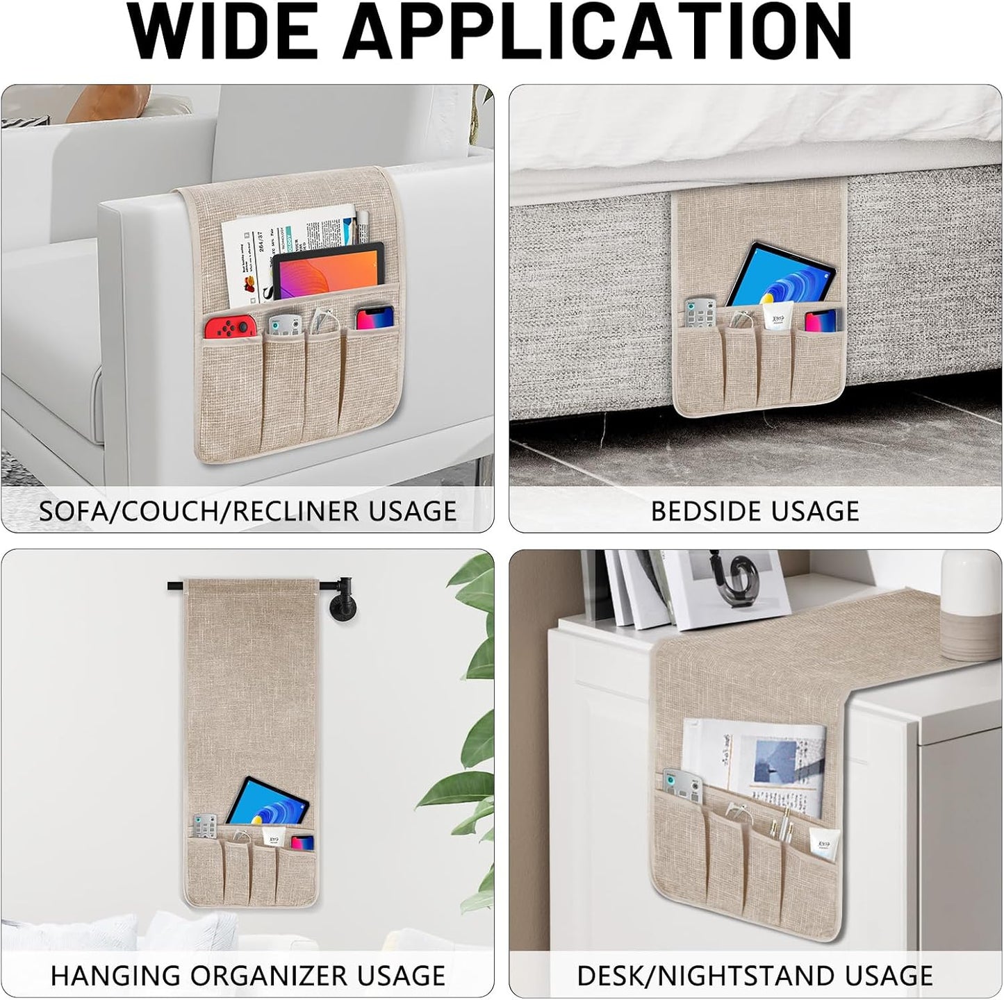 Remote Control Holder, Anti Slip Armchair Caddy Couch Caddy with 5 Pockets | Remote Holder Couch Caddy with 5 Pockets for Storage Accessories Bedside Organizer Senior Gifts (Beige,35''x12.4'')