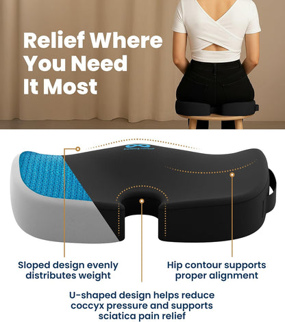Everlasting Comfort Doctor Recommended Memory Foam Seat Cushion for Office Chairs & Car - Ergonomic Office Desk Accessories - Cushions for Tailbone Pain Relief, Sciatica (Black, Large)
