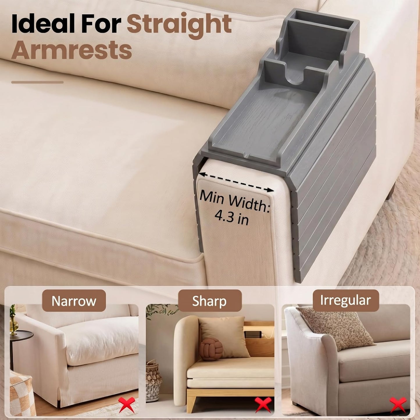 Acacia Couch Armrest Table, Over the Couch Arm Tray with Removable Couch Cup Holder, 2 in 1 Design Foldable Armchair Couch Caddy and Sofa Drink Cup Holder for Home Essentials Decor Hack