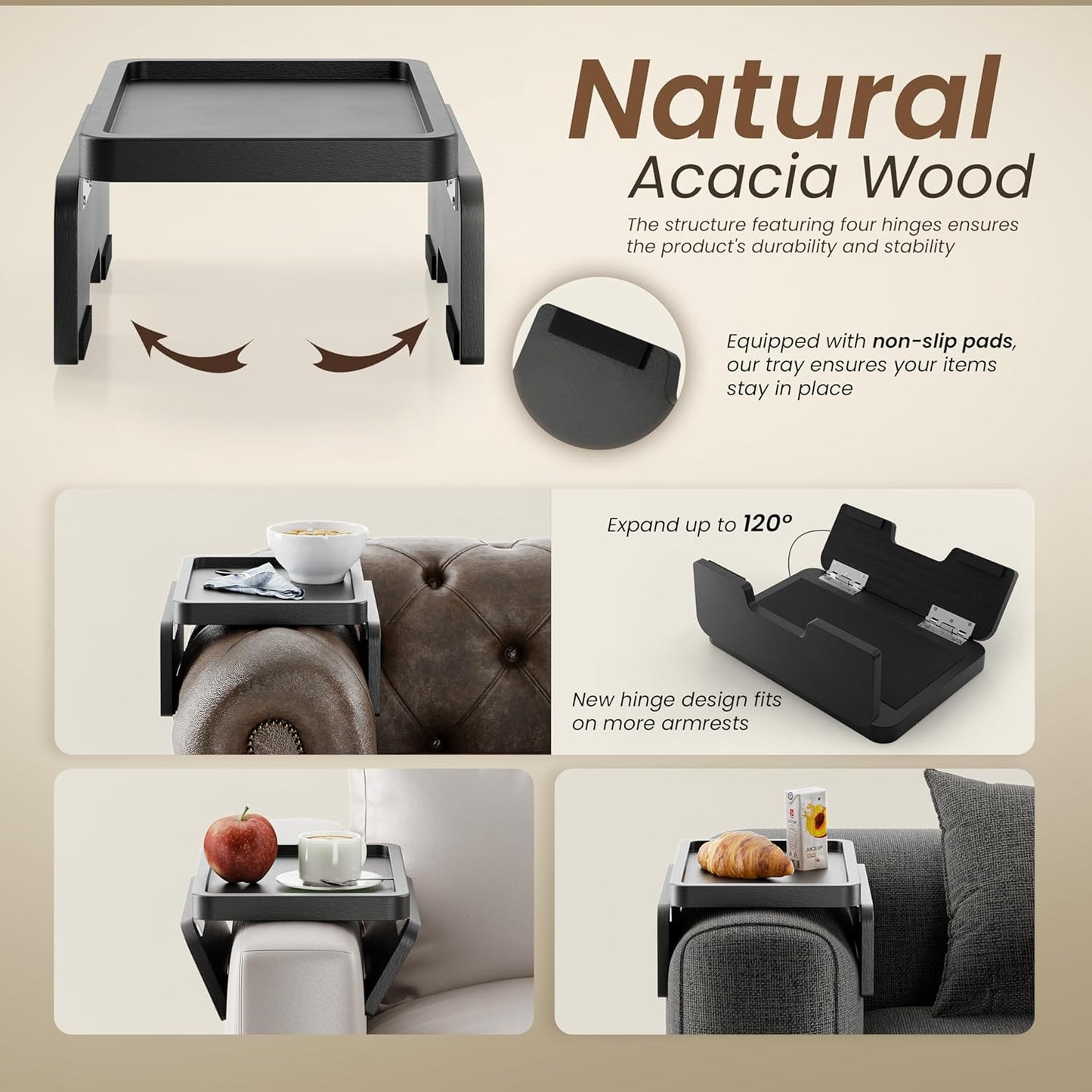 HOLANA 13.75" Acacia Sofa Arm Tray Table, Double Hinge, Natural Wood Color | Solid Acacia Wood, Spacious Surface, Clips Securely with Double-hinge Grip, Foldable & Portable, Multipurpose, No Assembly