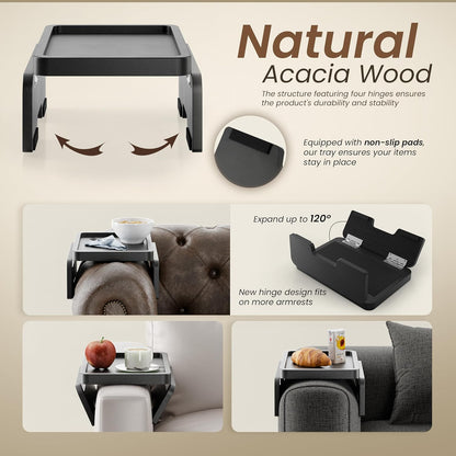 HOLANA 13.75" Acacia Sofa Arm Tray Table, Double Hinge, Natural Wood Color | Solid Acacia Wood, Spacious Surface, Clips Securely with Double-hinge Grip, Foldable & Portable, Multipurpose, No Assembly