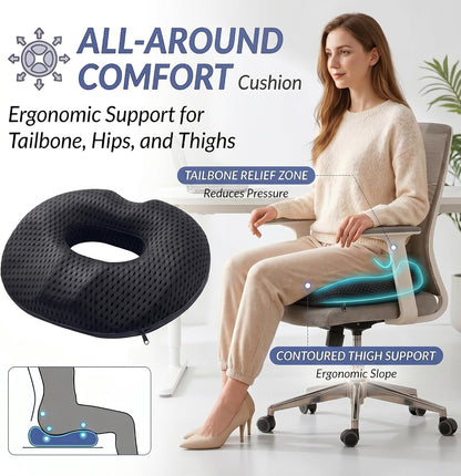 Circular Memory Foam Seat Cushion, Tailbone Pressure Relief Pillow for Office Chair Car Wheelchair, Breathable Mesh Comfort Pad for Daily Sitting Support (Black)
