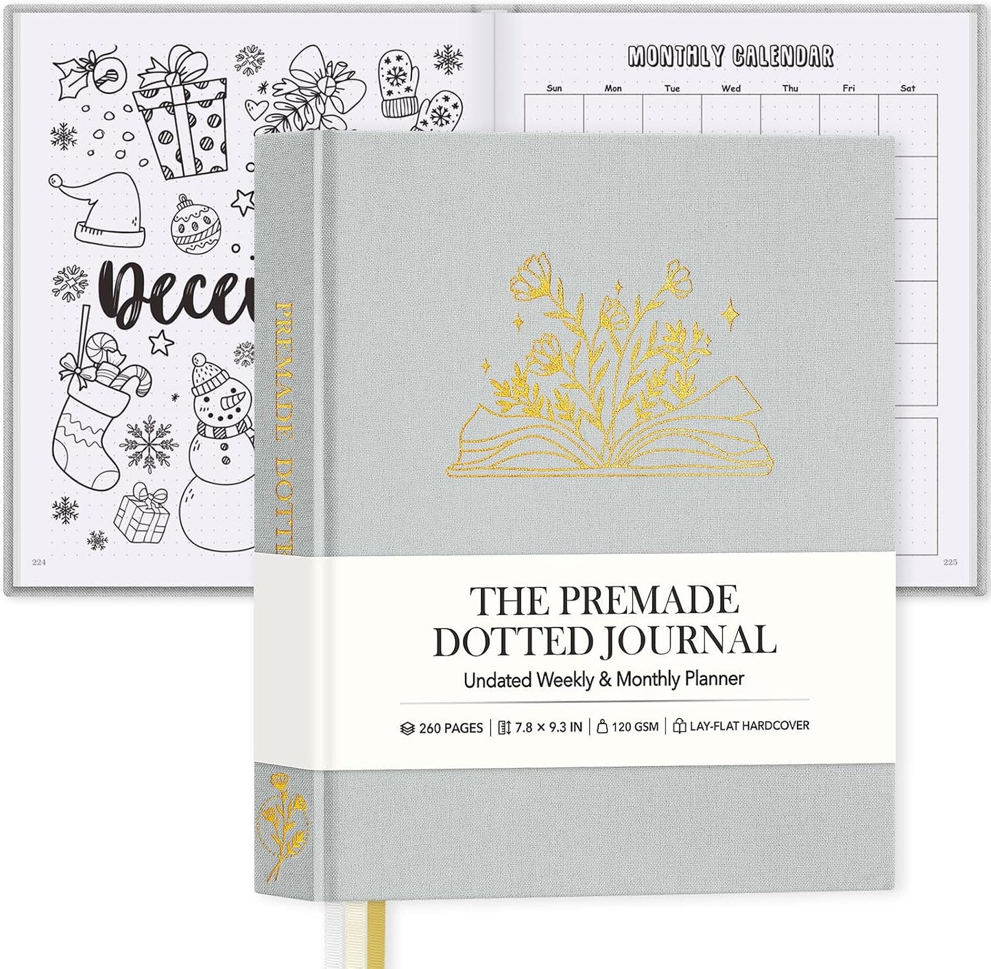 Everloria Premade Dotted Journal Notebook, 12 Months Pre-made Bullet Templates, 260 Hand-Drawn Coloring Pages, Undated Weekly & Monthly Planner, 7.8"x9.3" Linen Dot Grid Mood Habit Tracker, Lilac