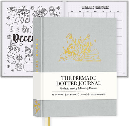 Everloria Premade Dotted Journal Notebook, 12 Months Pre-made Bullet Templates, 260 Hand-Drawn Coloring Pages, Undated Weekly & Monthly Planner, 7.8"x9.3" Linen Dot Grid Mood Habit Tracker, Lilac