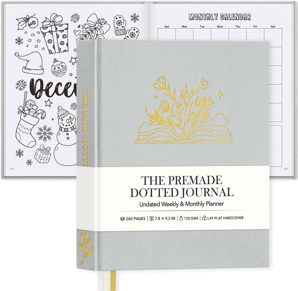 Everloria Premade Dotted Journal Notebook, 12 Months Pre-made Bullet Templates, 260 Hand-Drawn Coloring Pages, Undated Weekly & Monthly Planner, 7.8"x9.3" Linen Dot Grid Mood Habit Tracker, Lilac