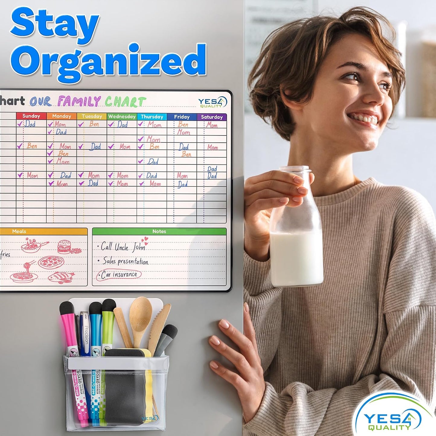 YES4QUALITY Magnetic Pen Holder for Refrigerator with Strong Magnetic Back, Dry Erase Marker Holder Ideal for Whiteboard & Fridge, Clear & White Pencil Cup