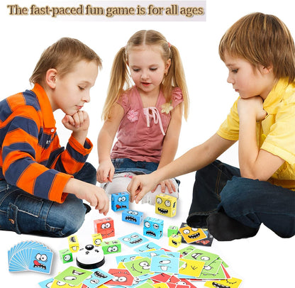 Wooden Face Changing Magic Cube Game with Bell, Puzzle Building Expression Pattern Matching Blocks Toy for Kids and Adults, Educational Fun for Family Night