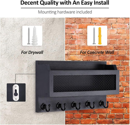 Nekon Mail and Key Holder for Wall Decorative, 11 Inch Mail Holder, Brown | Wooden Wall Key Organizer with 5 Key Hooks, Wall Mount Storage Shelf for Entryway Hallway