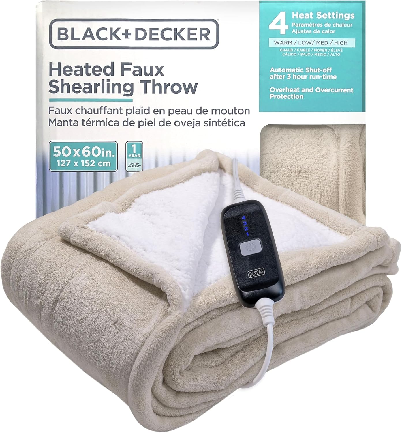 Black+Decker Heated Blanket Electric Throw, Fleece Electric Blanket, Heating Blanket with 4 Heating Levels, 3H Timer, Auto Shutoff, Fast Heating (50x60 inches, Grey)