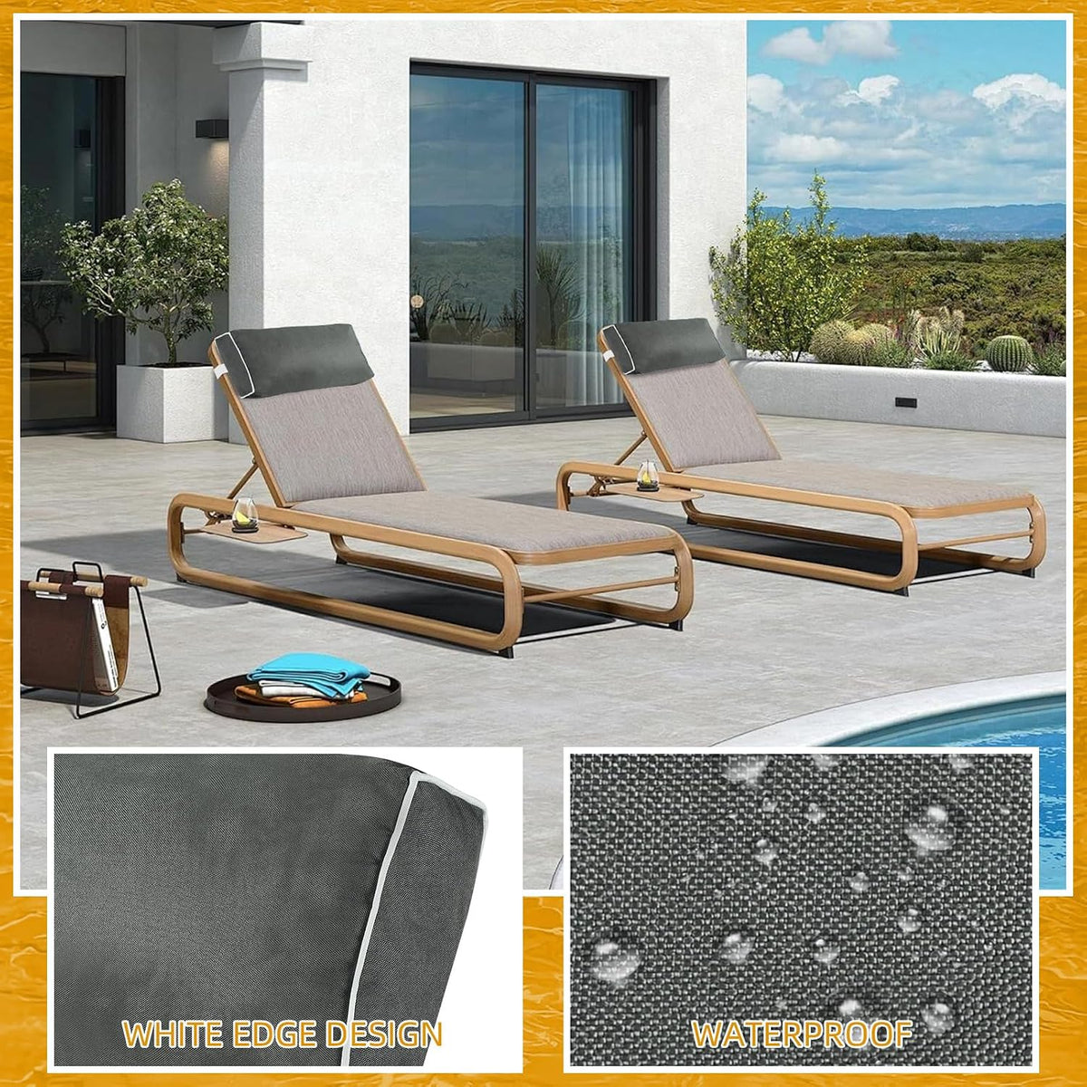 2 Pack Outdoor Chaise Lounge Head Pillow, Patio Pool Chair Pillows Water Resistant Headrest Pillow Lumbar Pillows with Insert and Adjustable Elastic Strap for Recliner Beach Chair, Dark Gray