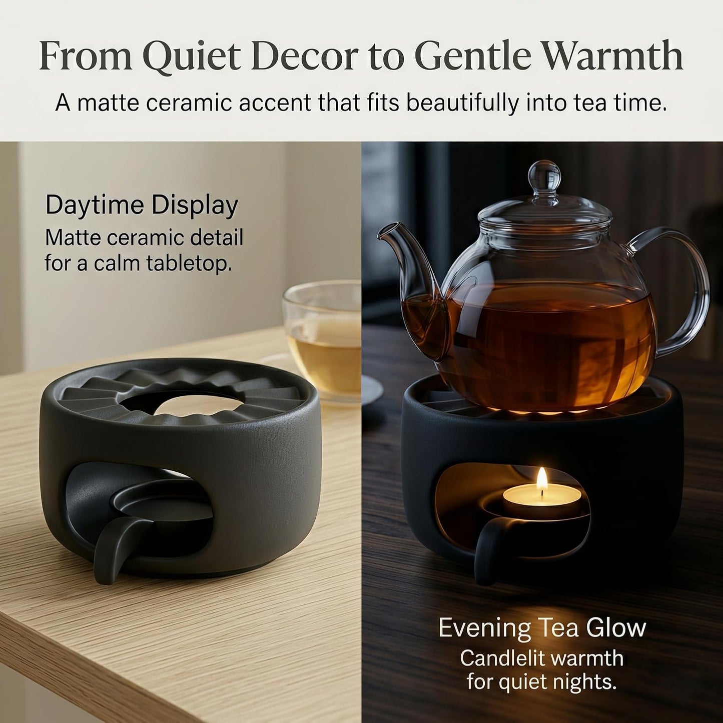Ceramic Teapot Warmer with Removable Candle Spoon, Tea Pot Warmer Base | Deep matte black finish; 4.72 in low-profile base fits flat-bottom glass or ceramic teapots and uses a standard tealight.