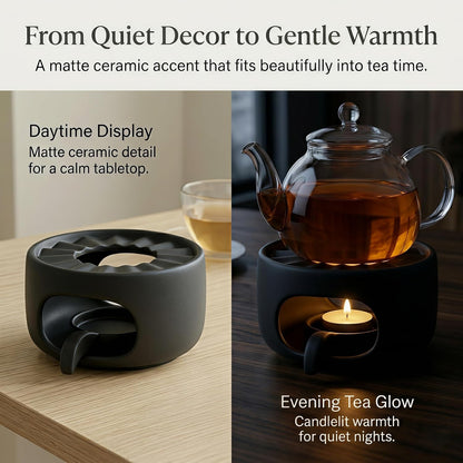 Ceramic Teapot Warmer with Removable Candle Spoon, Tea Pot Warmer Base | Deep matte black finish; 4.72 in low-profile base fits flat-bottom glass or ceramic teapots and uses a standard tealight.