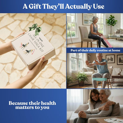 [All-in-One Kit] Chair Yoga for Seniors Over 60 | Cards + Bands + QR Videos | 71 Large Print Durable Cards • 6 Guided Flows • Build Mobility, Balance, Strength & Cardio • Gift for Parents & Grandparents