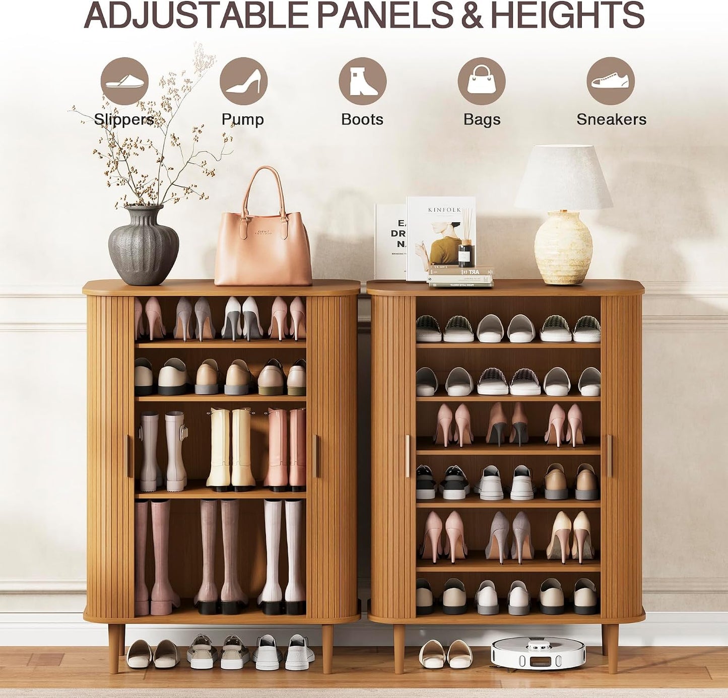 DHH Shoe Storage Cabinet with Sliding Door, 6-Tier Shoe Cabinet with Adjustable Shelves, Modern Freestanding Shoe Storage Organizer for Entryway, Hallway, Living Room (Walnut, 47 ")