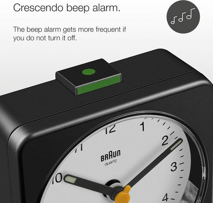 Braun Classic Analogue Alarm Clock with Snooze and Light, Quiet Quartz Sweeping Movement, Crescendo Beep Alarm in White, Model BC03W.