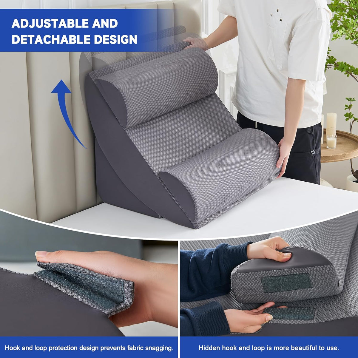 Bed Wedge Pillow Set for After Surgery, Orthopedic Wedge Pillows for Sleeping, Back, Neck and Leg Pain Relief, Adjustable Memory Foam Support Pillows for Acid Reflux, GERD & Snoring, Grey