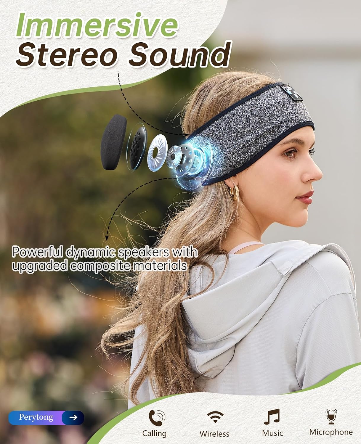 Perytong Sleep Headphones Bluetooth Wireless Sports Headband, Long Playtime Lightweight Headphones Hi-Fi Stereo Ergonomic ASMR Sleep Headphone Cool Gadget Gift for Men Women Black