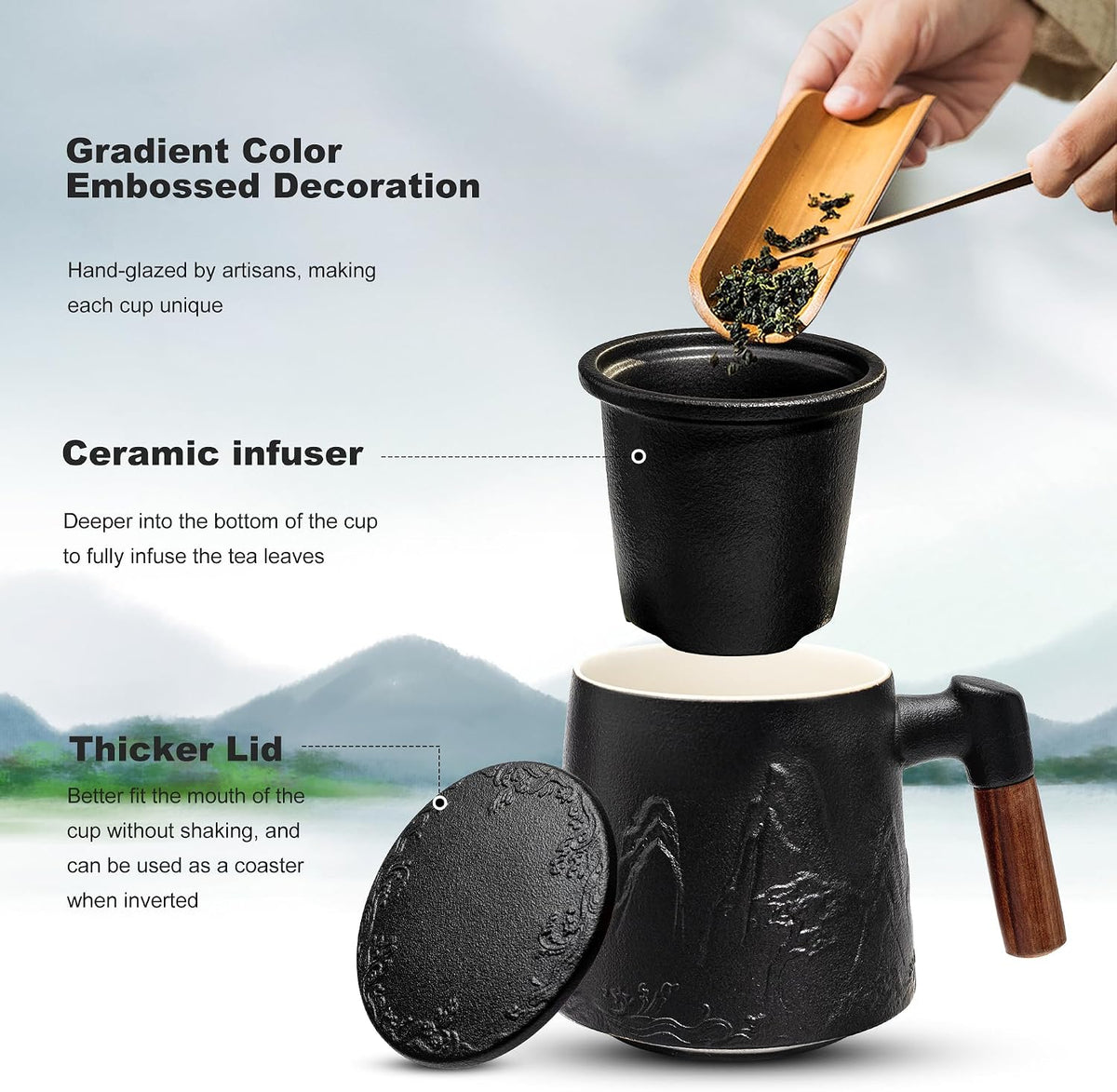 suyika Tea Cup with Infuser and Lid, Gradient Black & Blue, 15.2oz /450ml