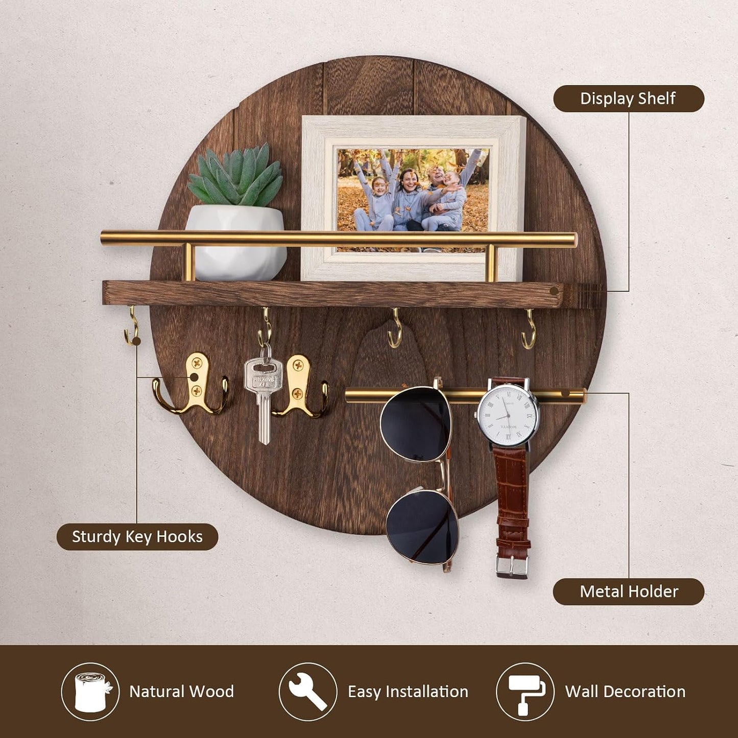 Nekon Key Holder Wall Mount, 11.8” Wood Mail Organizer for Wall, Brown | Round Wall Shelf with 6 Key Hooks, Rustic Key and Mail Holder, Key Hanger for Entryway Hallway Kitchen