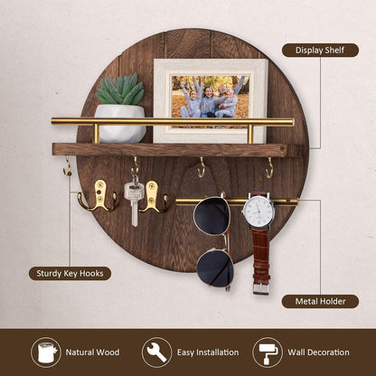 Nekon Key Holder Wall Mount, 11.8” Wood Mail Organizer for Wall, Brown | Round Wall Shelf with 6 Key Hooks, Rustic Key and Mail Holder, Key Hanger for Entryway Hallway Kitchen