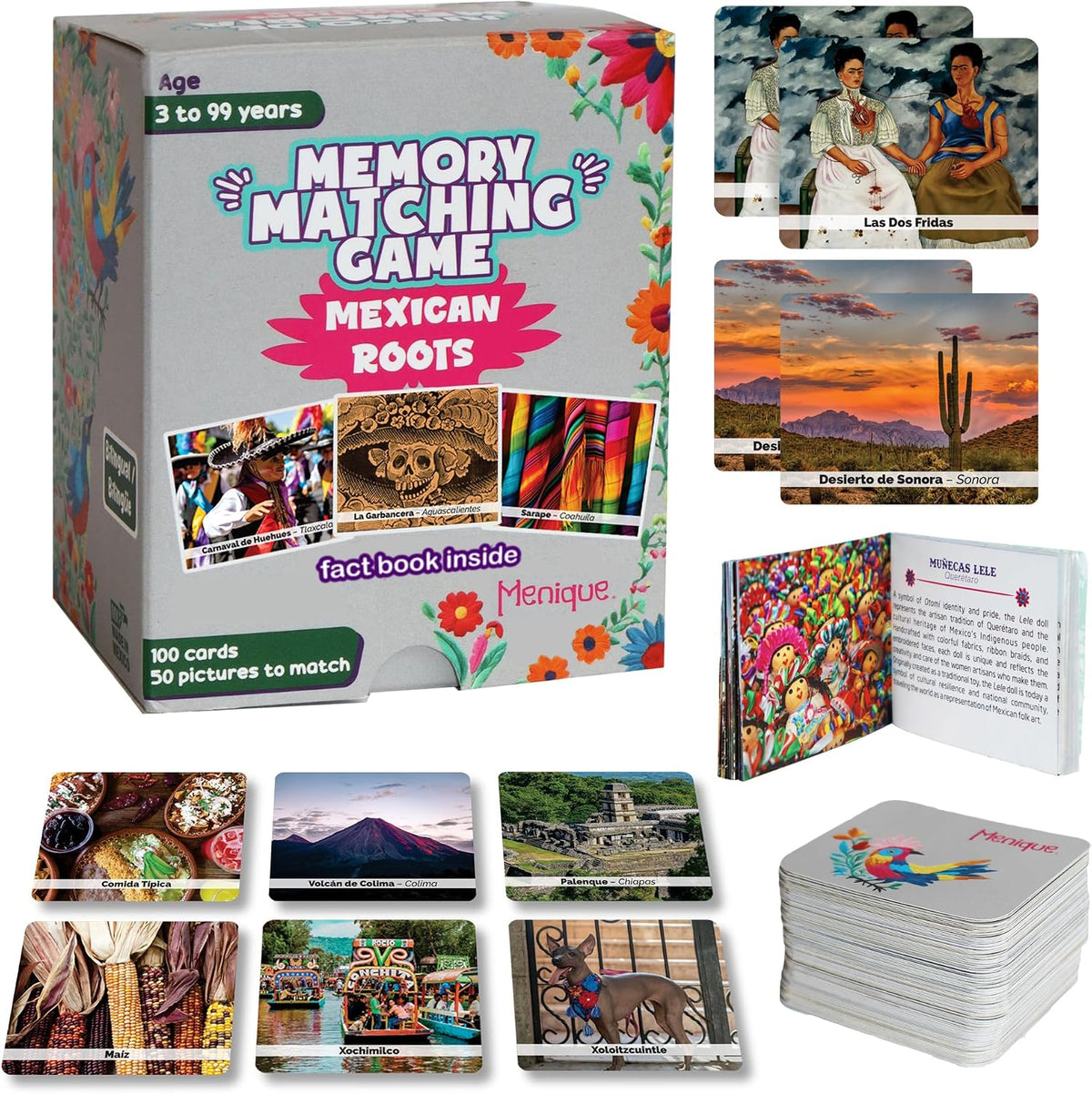 Menique Explore the World Memory Matching Game – Geography Game with 100 Photo Cards, 50 Countries, Flags & Landmarks – Travel Card Game with Educational Booklet, Ages 3+