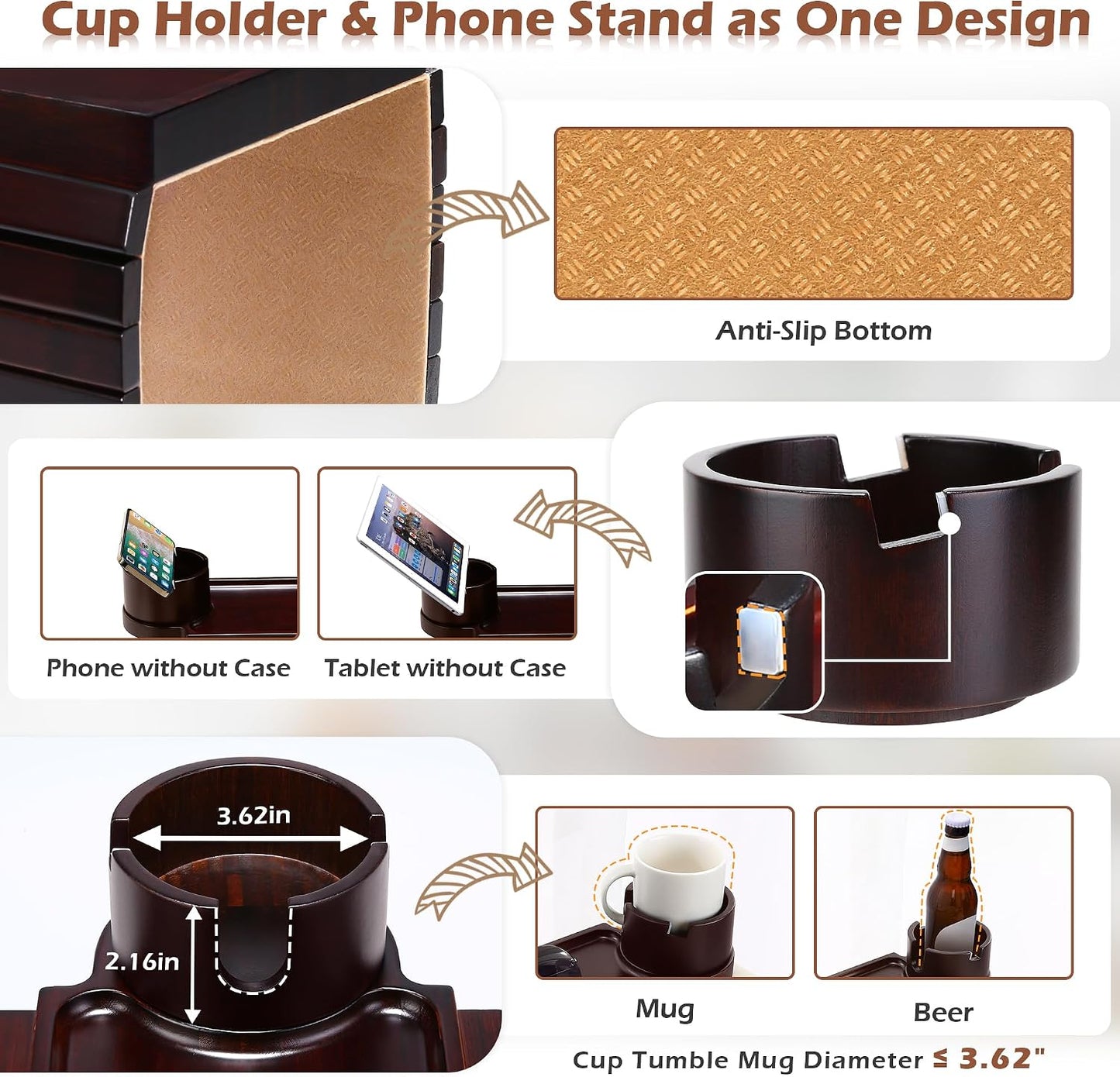 GHKINMAL Couch Cup Holder Tray, 3 in 1 Couch Arm Trays,Large Bamboo Chair Arm Rest Tray with 360° Cup Holder,Removable Anti-Slip Organizer for Snack Eating