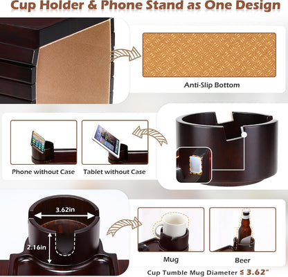 GHKINMAL Couch Cup Holder Tray, 3 in 1 Couch Arm Trays,Large Bamboo Chair Arm Rest Tray with 360° Cup Holder,Removable Anti-Slip Organizer for Snack Eating