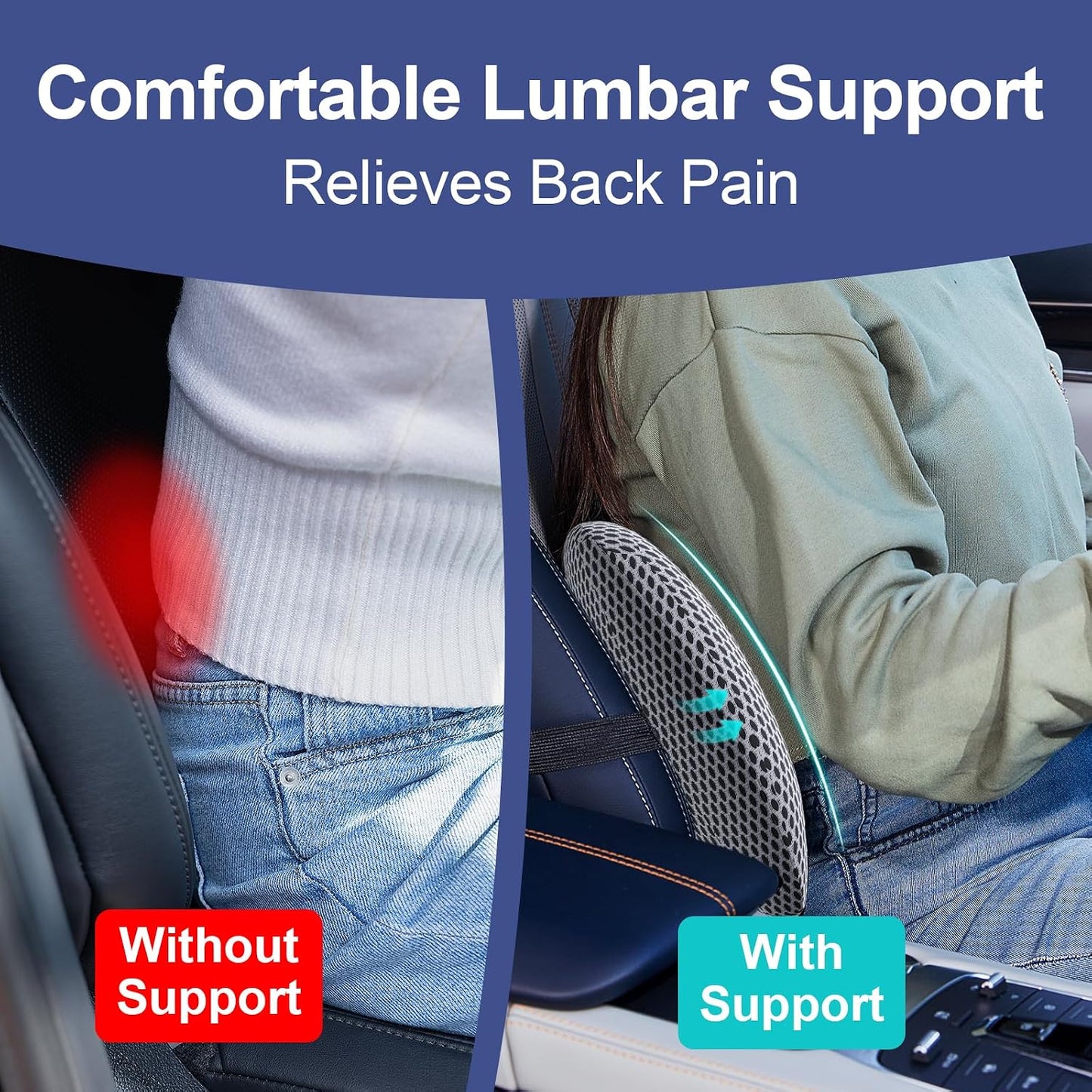 BYMECOST Lumbar Support Pillow for Car, Memory Foam Car Back Cushion | Car Seat Back Pillow for Driving, Adjustable Strap, Ergonomic Lower Back Support Pillow, Office Chairs and Wheelchairs