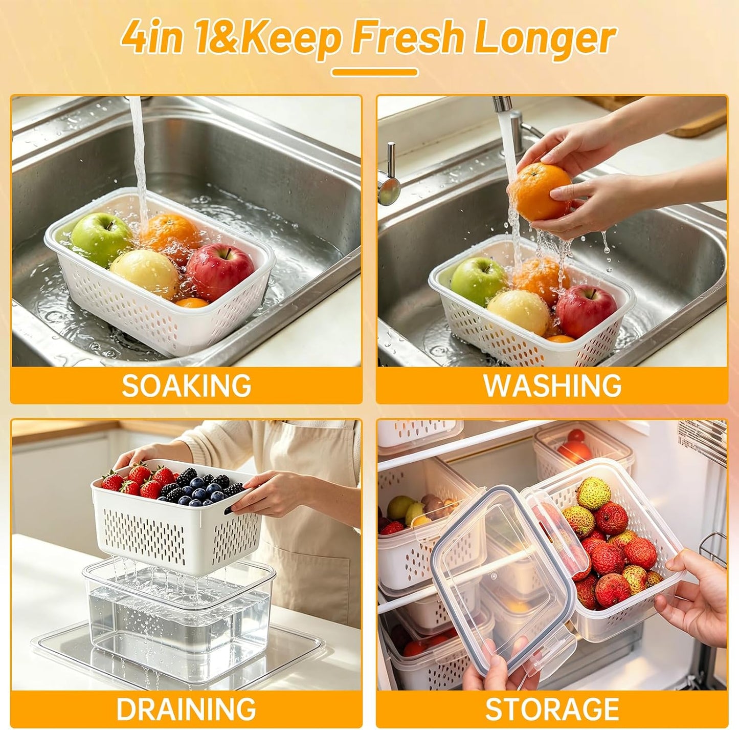 3 Pack Fruit Storage Containers for Fridge with Removable Colander | 3 BPA-free produce storage containers with colanders, airtight lids and stackable design for fruits and vegetables.