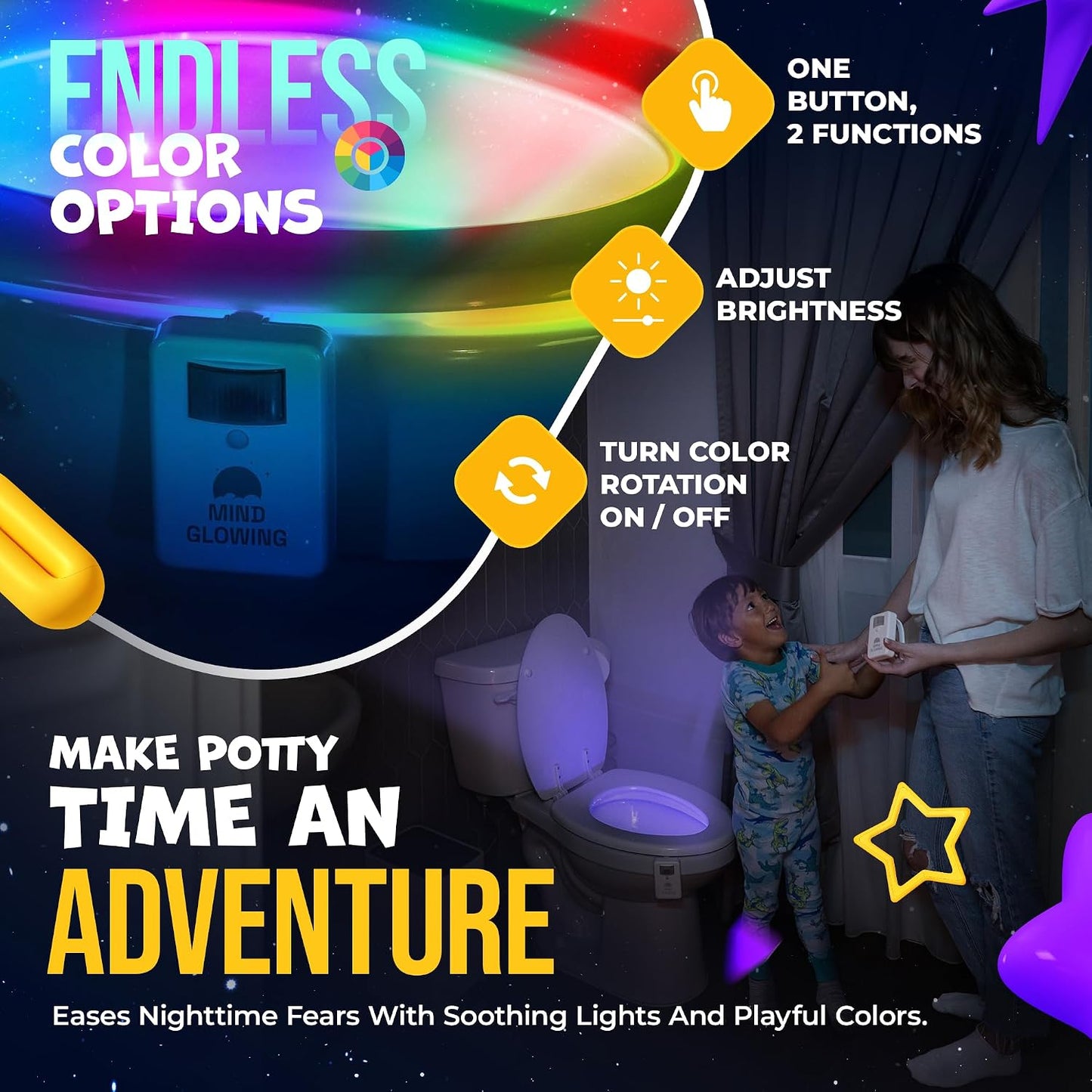 Mind-Glowing Night Safety & Bedtime Serenity Set: Toilet Light with Motion Sensor (2 Pack) & Zen Moon Lamp