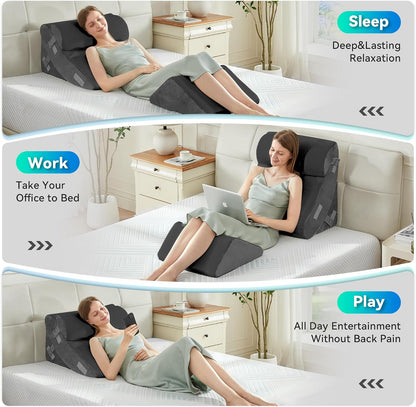 4PCS Bed Wedge Pillow Post Surgery, Orthopedic Sleeping Wedge Pillow Set for Back, Neck and Leg Pain Relief, Acid Reflux, GERD, Memory Foam Support Pillows for After Surgery, Grey
