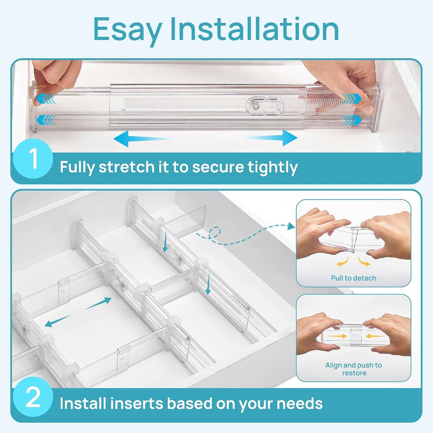 Vtopmart 2.36" Drawer Dividers with Expandable Inserts, 12.8"-22.3", 8 Pack | Adjustable Kitchen Drawer Organizer, Clear Organizer Separator for Flatware, Utensil, Cutlery, 8 Dividers with 14 Inserts