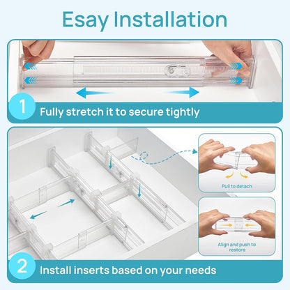 Vtopmart 2.36" Drawer Dividers with Expandable Inserts, 12.8"-22.3", 8 Pack | Adjustable Kitchen Drawer Organizer, Clear Organizer Separator for Flatware, Utensil, Cutlery, 8 Dividers with 14 Inserts