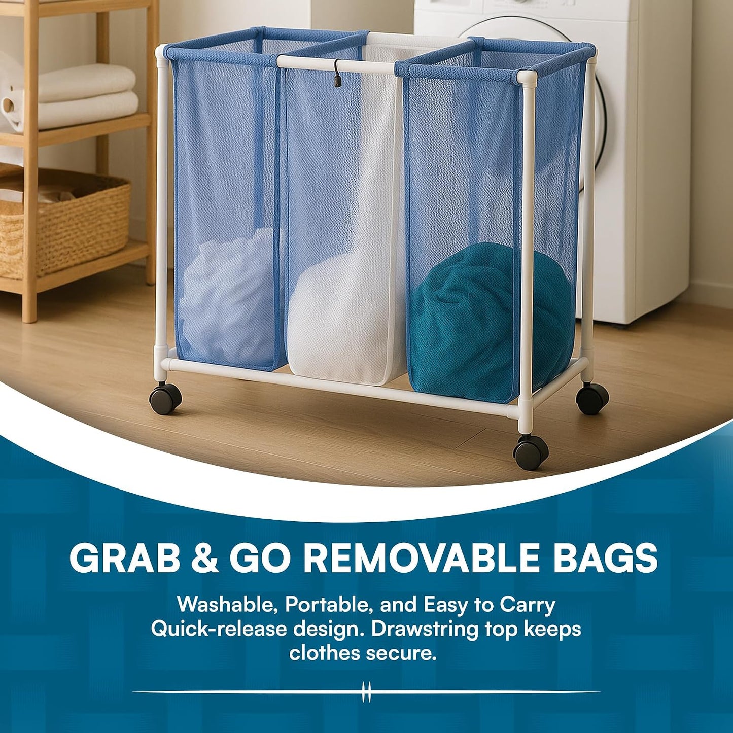 Honey-Can-Do HMP-01629 3 bag mesh laundry sorter, 30.5" x 15.3" x 30" , Blue/White