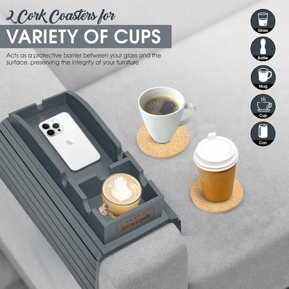 Bamboo Couch Cup Holder, 2 Cork Coasters, Anti-Slip Foldable Couch Arm Tray | 2 in 1 Foldable Sofa Arm Tray, Couch Armrest Table, Anti-Spill Couch Arm Table for Drinks TV Remote Cellphone Snacks