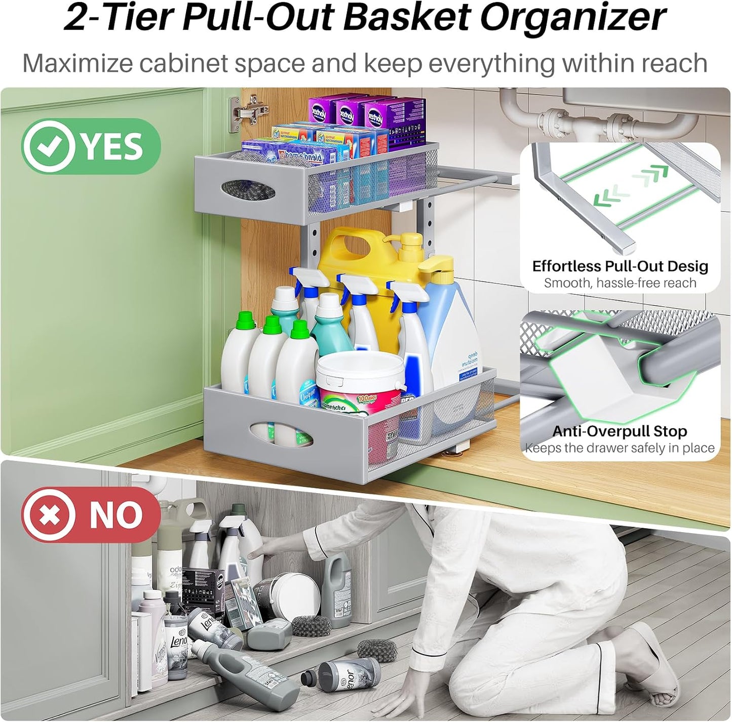 Under Sink Organizer, 2-Pack Pull Out Cabinet Organizer 2 Tier Metal Slide Out Storage Shelf Rack, L-Shaped Adjustable Height,Mesh Sliding Drawer for Kitchen, Bathroom, Laundry, Pantry, White, XL