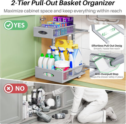 Under Sink Organizer, 2-Pack Pull Out Cabinet Organizer 2 Tier Metal Slide Out Storage Shelf Rack, L-Shaped Adjustable Height,Mesh Sliding Drawer for Kitchen, Bathroom, Laundry, Pantry, White, XL