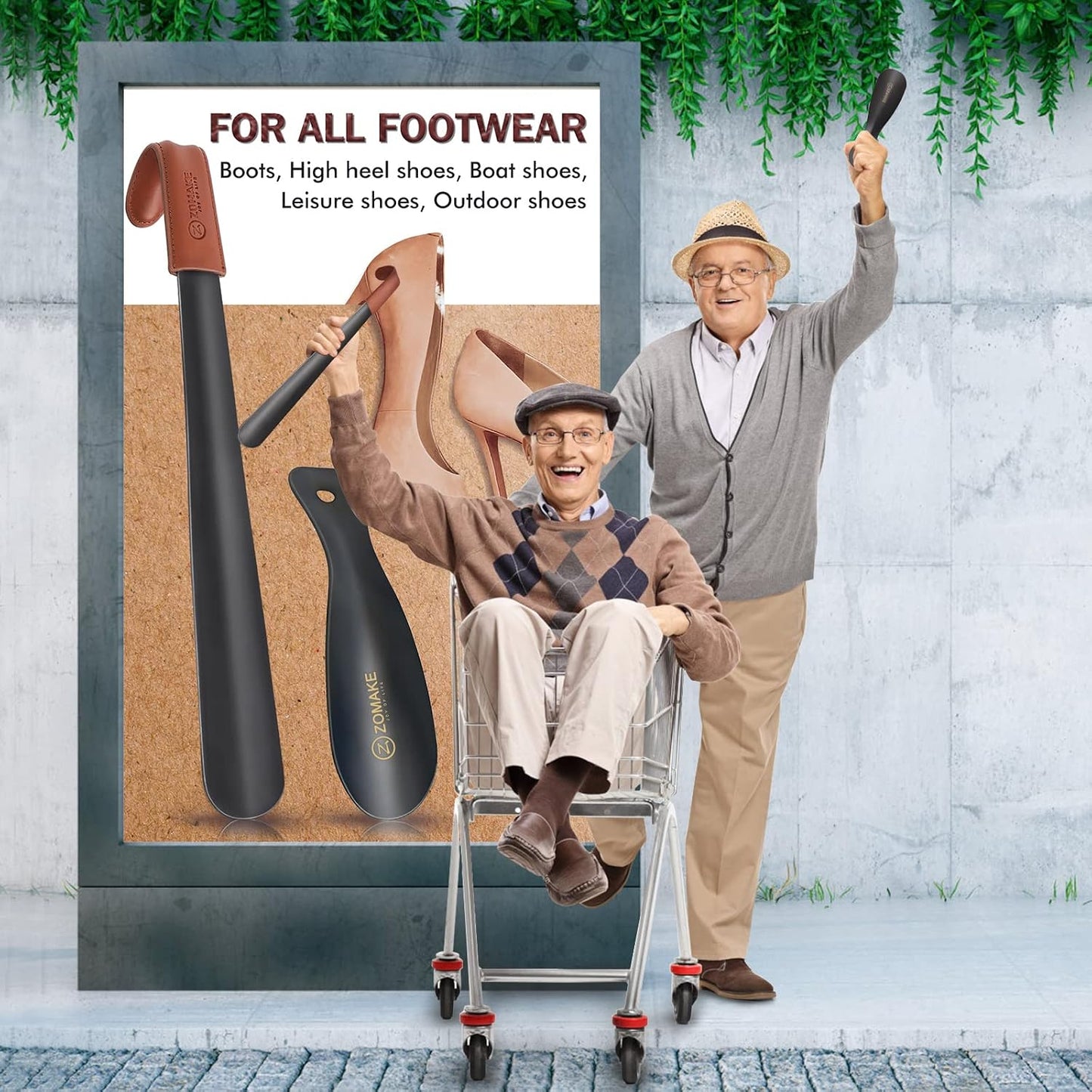 ZOMAKE Shoe Horn Long Handle for Seniors Men Women, Metal Shoehorn 2Pack | 16.5" Long Boot Horn, Travel Small Shoe Spoon Helper 7.5", Sturdy Stainless Steel, Anti-Slip Leather Grip, Shoe Protection
