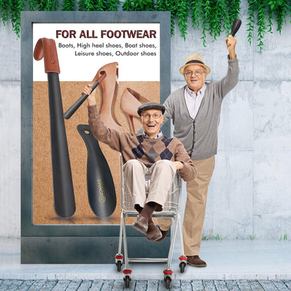 ZOMAKE Shoe Horn Long Handle for Seniors Men Women, Metal Shoehorn 2Pack | 16.5" Long Boot Horn, Travel Small Shoe Spoon Helper 7.5", Sturdy Stainless Steel, Anti-Slip Leather Grip, Shoe Protection