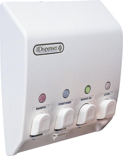 Better Living Classic Wall Mount Shower Dispenser, 4 x 14.5 oz, White | 4 Chamber, Shampoo, Conditioner, Body Wash and Soap Dispenser, No Drill Adhesive, 9.5" x 3" x 10.75"