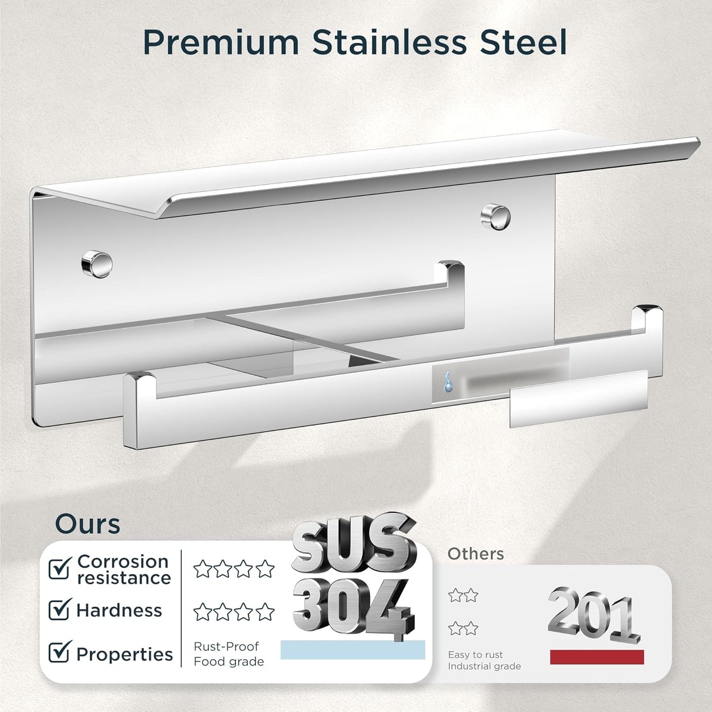 FORIOUS Toilet Paper Holder with Shelf, Commercial Toilet Paper Dispenser | Brushed Nickel | SUS304 Stainless Steel Wall Mount Double Bathroom Tissue Roll Holder for Hotel, Apartments, etc