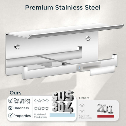 FORIOUS Toilet Paper Holder with Shelf, Commercial Toilet Paper Dispenser | Brushed Nickel | SUS304 Stainless Steel Wall Mount Double Bathroom Tissue Roll Holder for Hotel, Apartments, etc